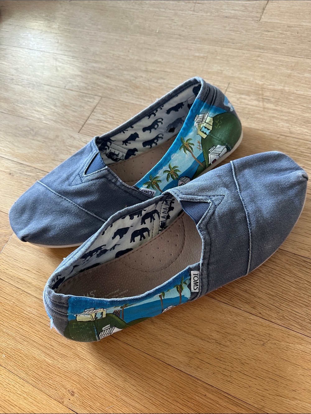 Toms Kids Gray Canvas Slip-On Sneakers with Blue and Green Beach Accent